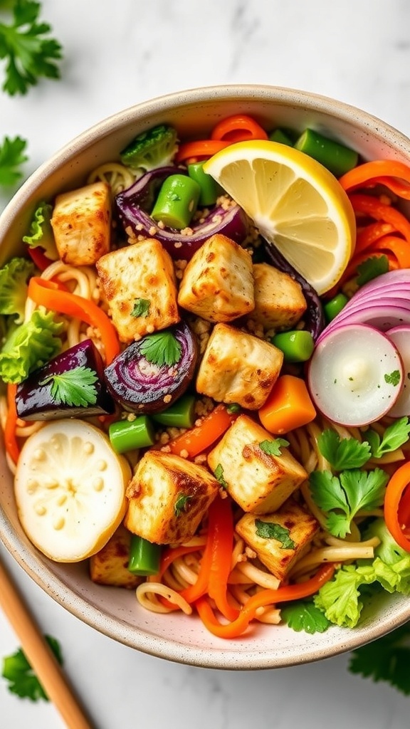 A colorful Vegan Bang Bang Bowl with rice, tofu, and fresh vegetables.