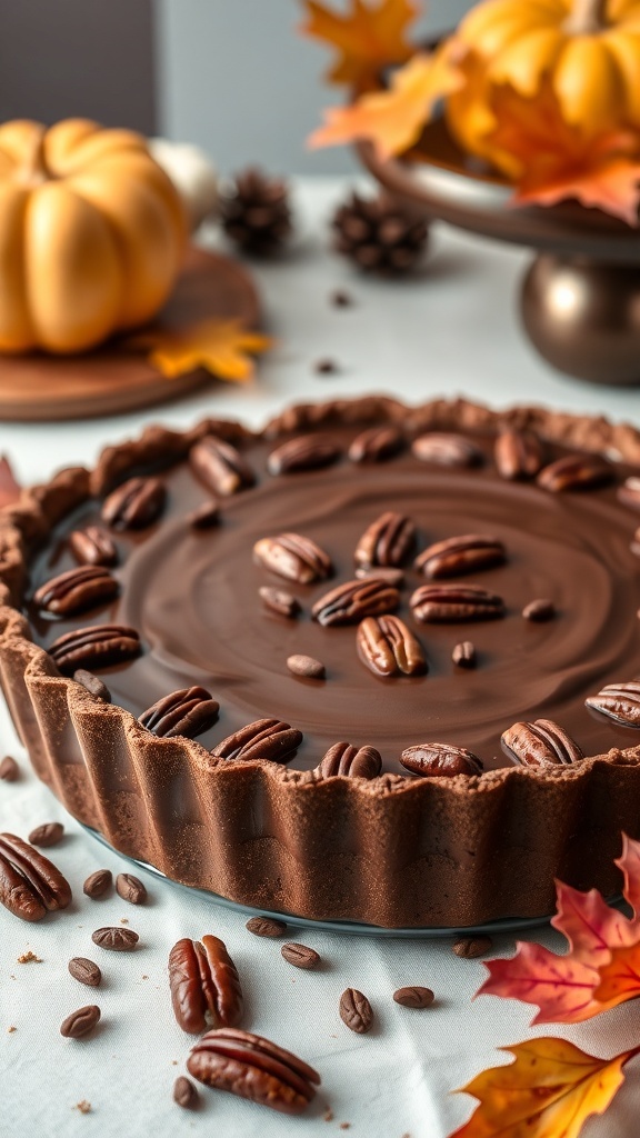 A delicious vegan chocolate pecan pie, beautifully presented with pecans on top and surrounded by autumn leaves.