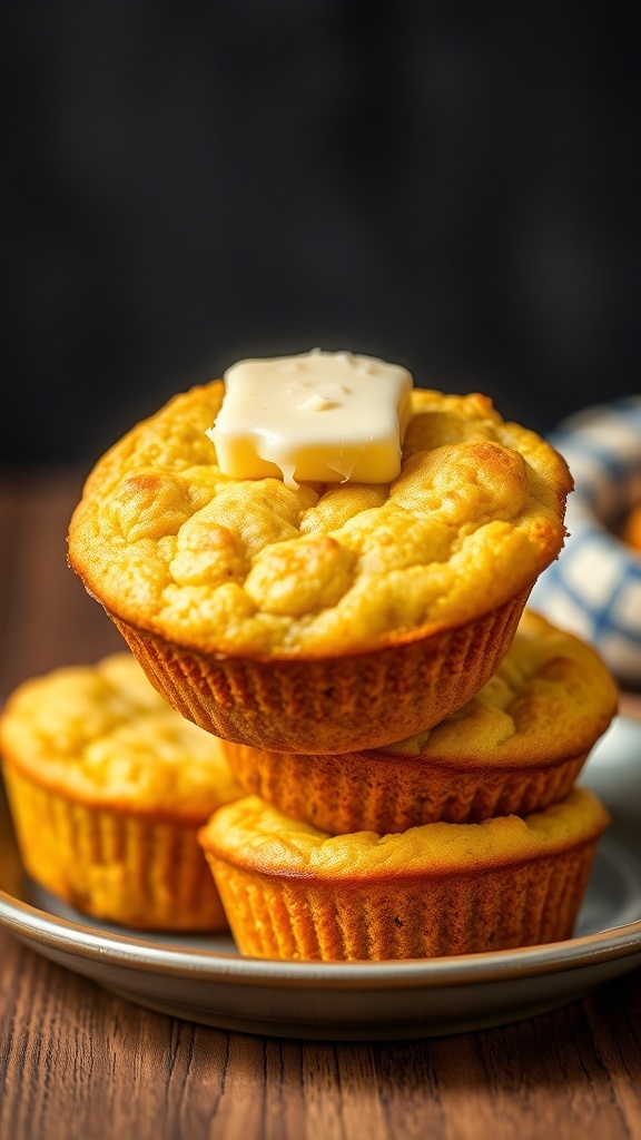 Vegan cornbread muffins stacked on a plate with a pat of butter on top.