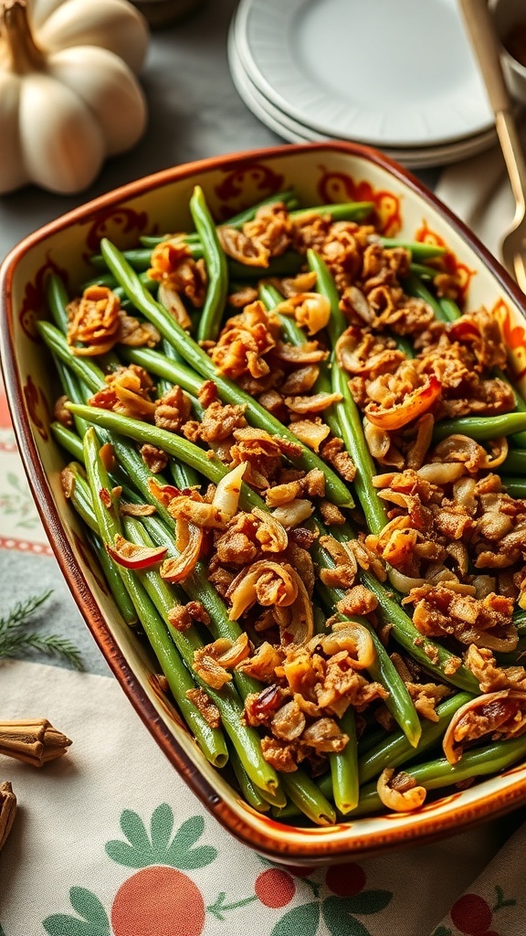 A delicious vegan green bean casserole topped with crispy fried onions, served in a colorful dish.