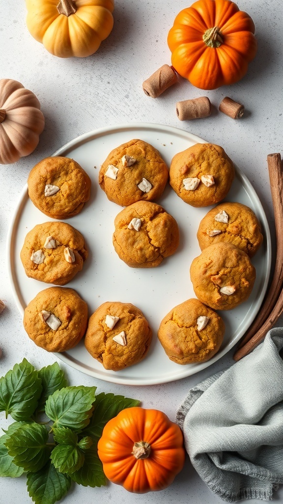 A plate of vegan pumpkin cookies surrounded by pumpkins and cinnamon sticks.