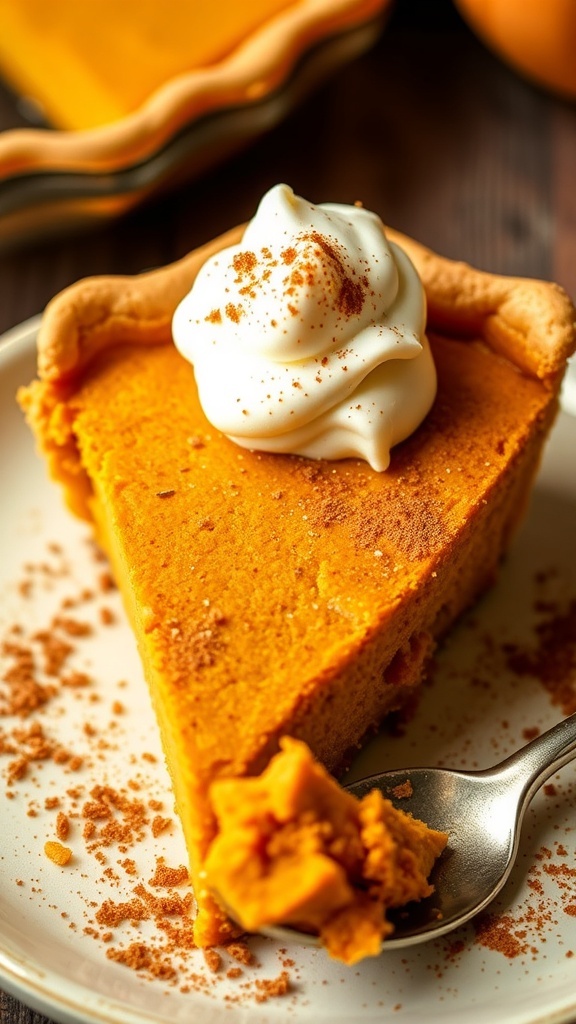 A slice of vegan pumpkin pie topped with whipped cream on a plate.