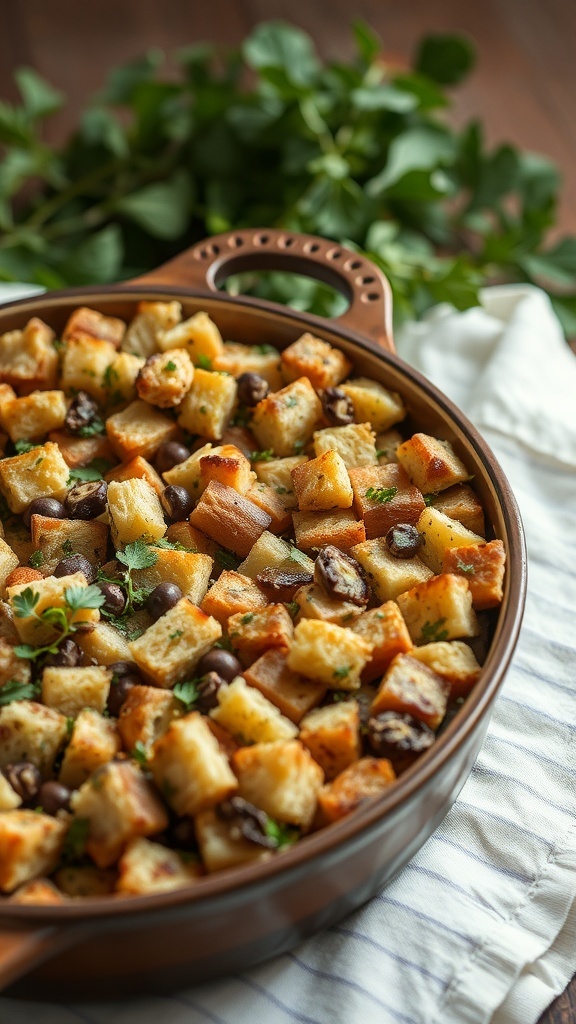 A bowl of vegan stuffing with herbs, showing golden-brown bread cubes.