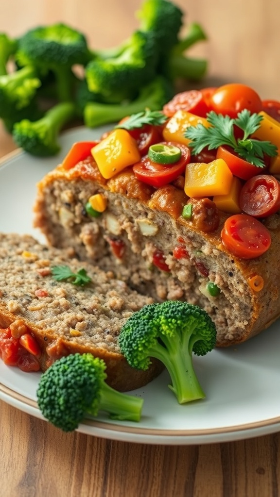 A slice of vegetable-packed meatloaf topped with colorful vegetables and served with broccoli.