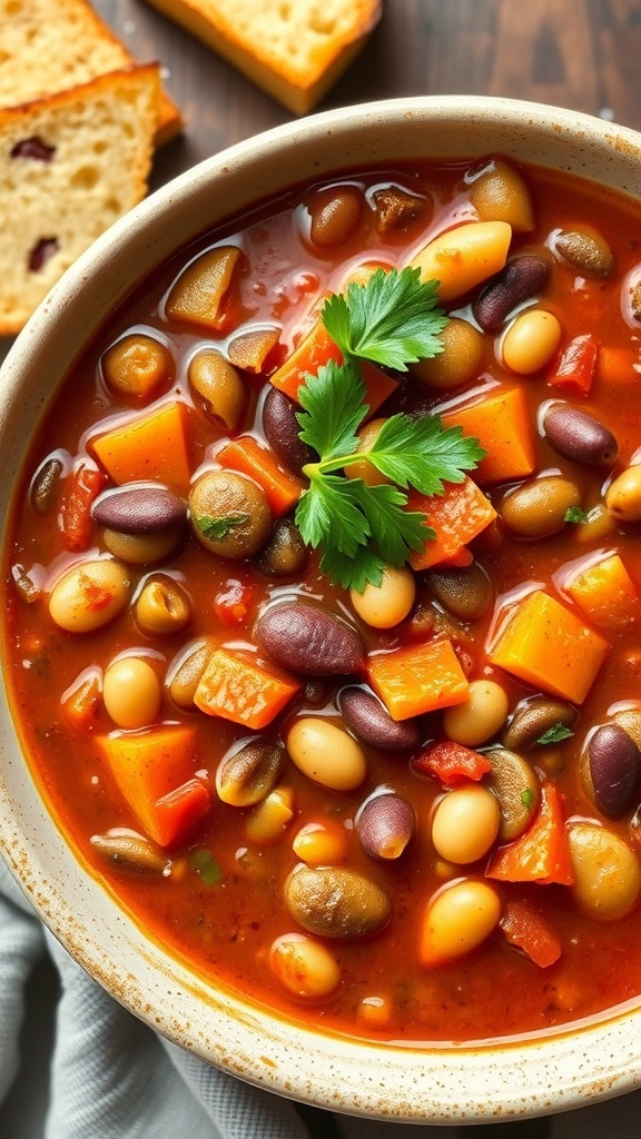 A bowl of vegetable and bean chili with cilantro on top, served with cornbread.