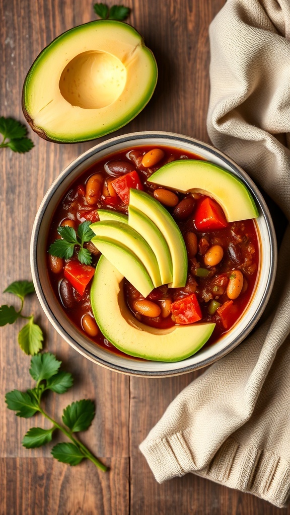 A bowl of vegetable and bean chili topped with avocado slices and cilantro, with an avocado half and a cloth napkin beside it.