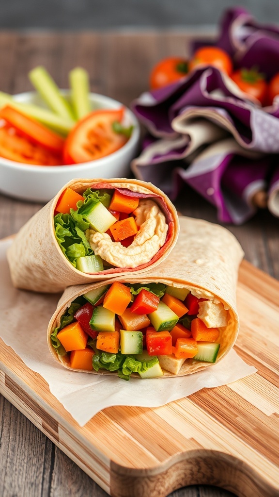 A close-up of a vegetable and hummus wrap, showcasing colorful vegetables like bell peppers and cucumbers, served on a wooden cutting board.