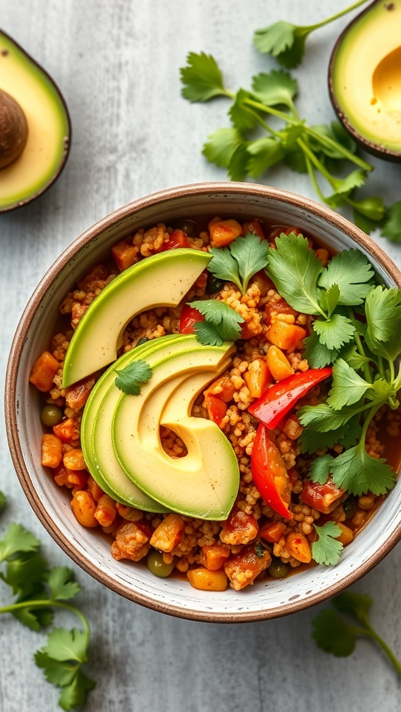 A bowl of colorful vegetable and quinoa chili topped with avocado slices and fresh cilantro.