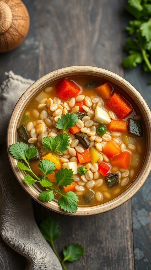 A bowl of Vegetable Barley Soup with colorful vegetables and barley
