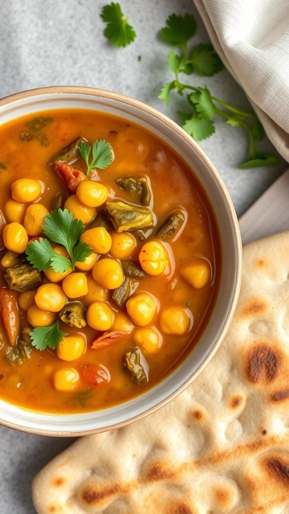 A bowl of vegetable curry with chickpeas, served with rice and garnished with fresh cilantro.