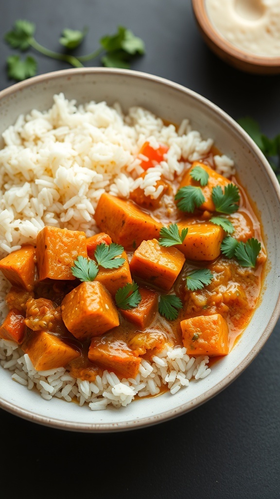 A bowl of vegetable curry with rice, featuring sweet potatoes and carrots, garnished with cilantro.