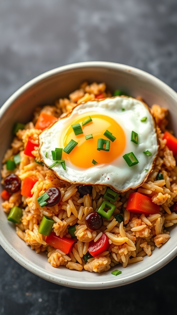 A bowl of vegetable fried rice topped with a sunny-side-up egg and garnished with green onions.