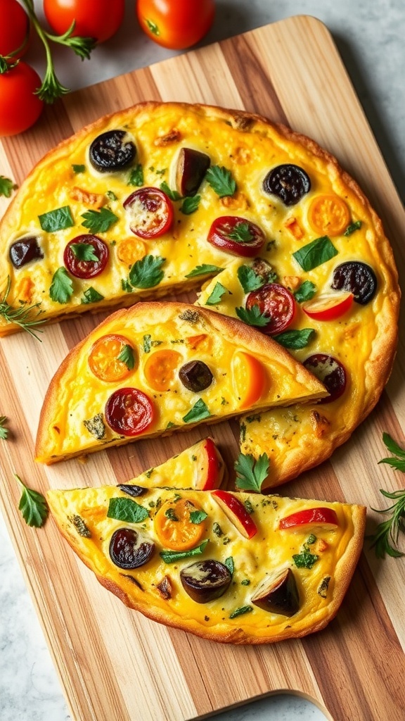 Slices of vegetable frittata with cherry tomatoes, black olives, and basil on a wooden cutting board.