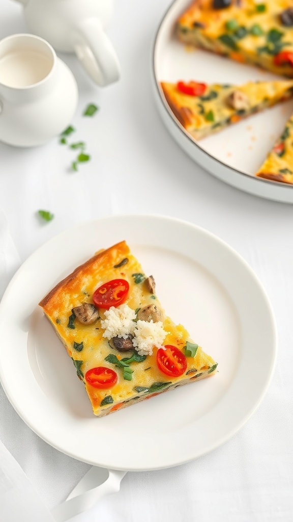 A slice of vegetable frittata with cheese, garnished with cherry tomatoes, on a white plate.