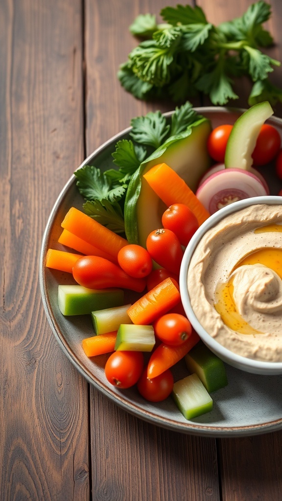 A colorful vegetable hummus plate featuring fresh vegetables and a bowl of hummus.