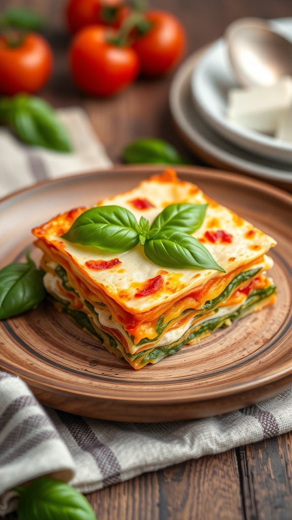 A delicious serving of vegetable lasagna with ricotta, garnished with fresh basil, surrounded by tomatoes.