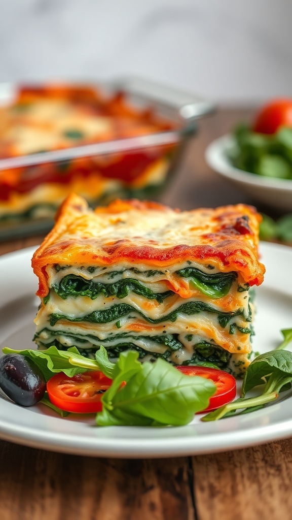 A slice of vegetable lasagna with spinach and ricotta on a plate, garnished with fresh greens and cherry tomatoes.
