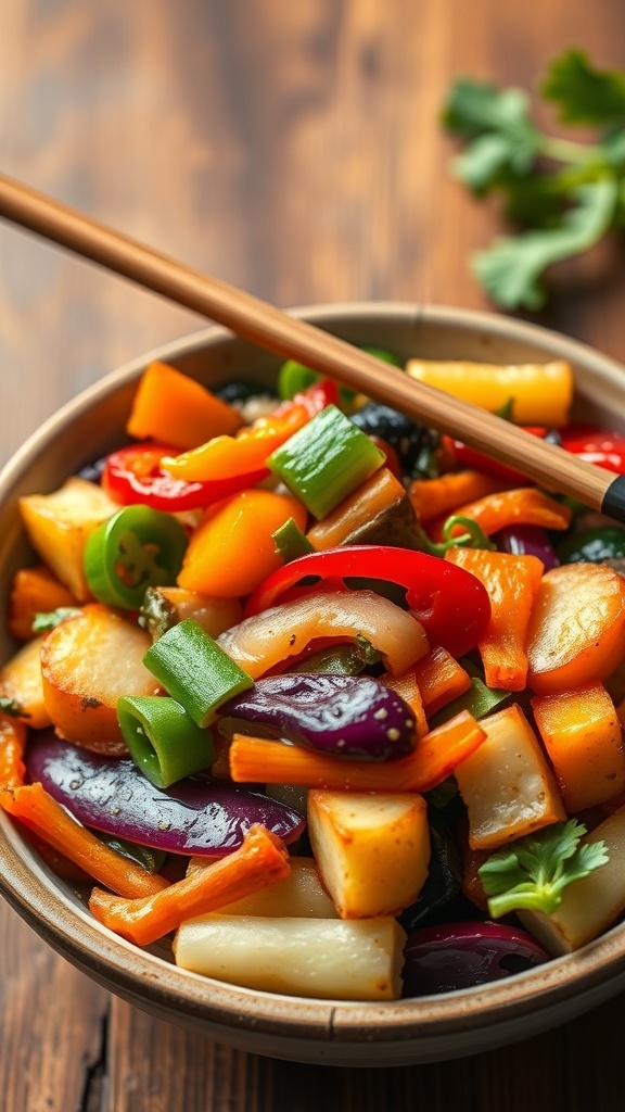 A bowl of colorful vegetable medley stir-fry with chopsticks resting on the side.