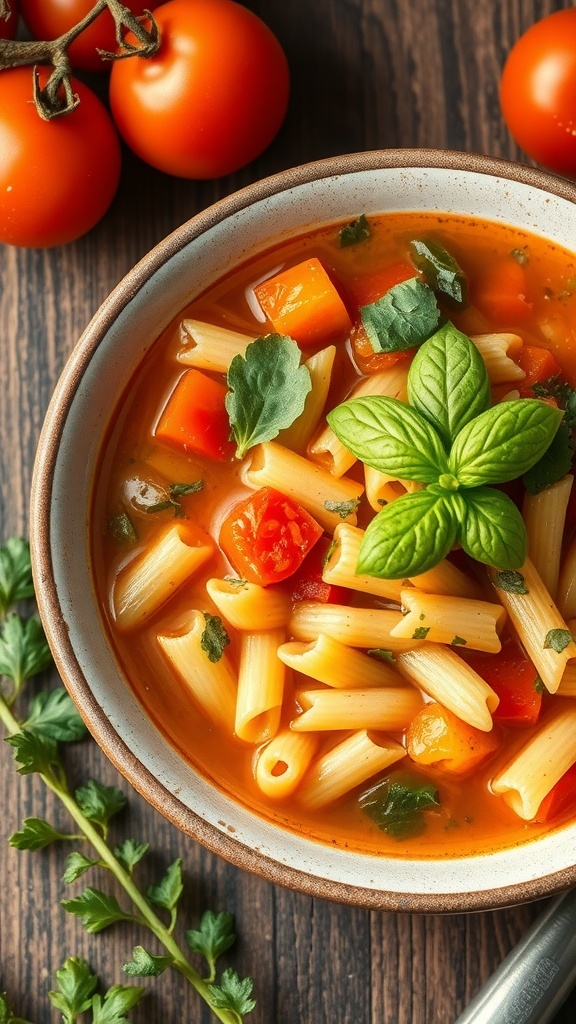 A bowl of vegetable minestrone soup with pasta and fresh herbs