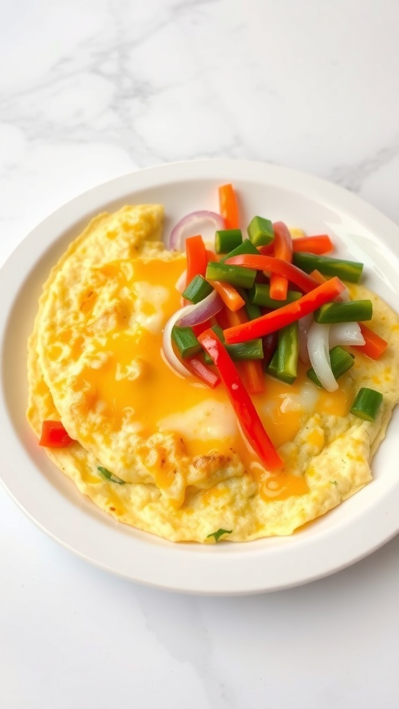 A plate of vegetable omelette topped with cheese and colorful bell peppers.