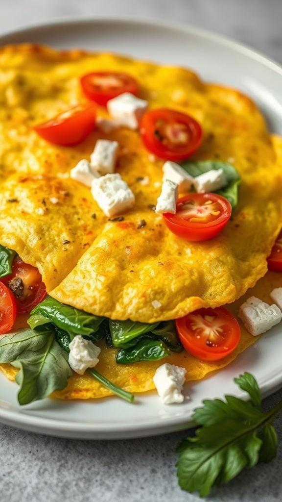 A delicious vegetable omelette with spinach, cherry tomatoes, and feta cheese on a plate.