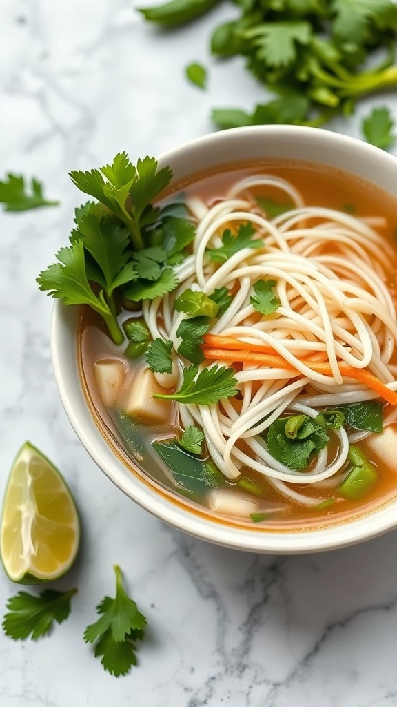 A bowl of vegetable pho with rice noodles, fresh herbs, and lime on a marble surface.