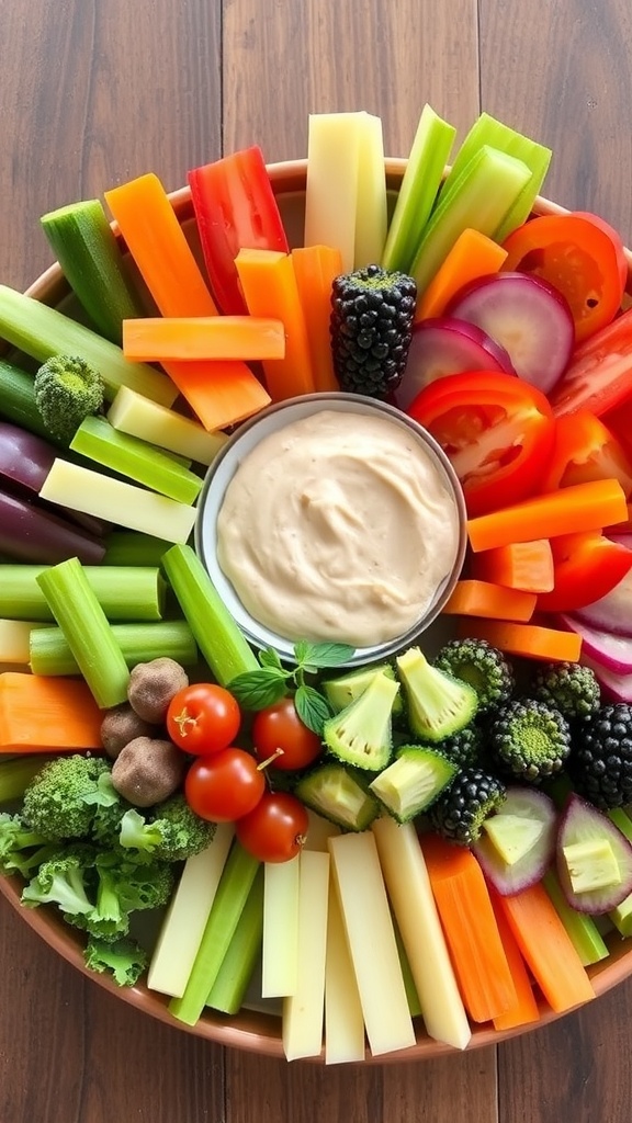 A colorful vegetable platter with various fresh vegetables arranged around a creamy dip.