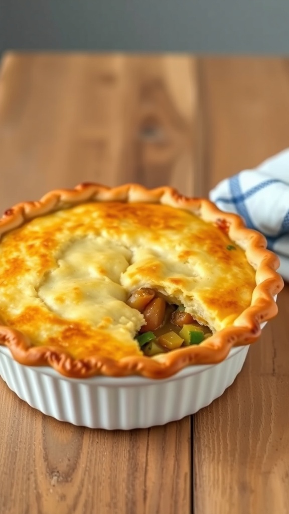 A freshly baked vegetable pot pie with a golden crust and a slice taken out, sitting on a wooden table.