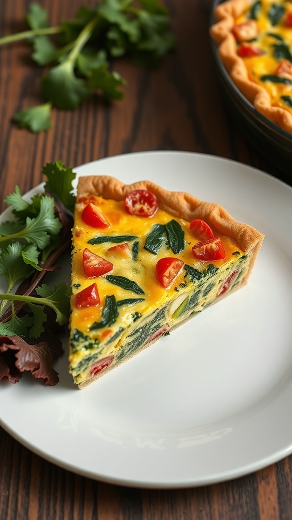 A slice of vegetable quiche with whole wheat crust, featuring spinach and cherry tomatoes, served on a plate with fresh herbs.