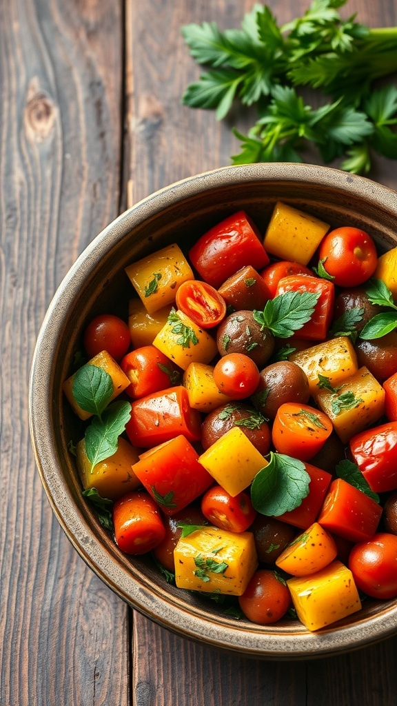 A bowl of colorful vegetable ratatouille with yellow squash, red bell peppers, and cherry tomatoes, garnished with fresh herbs.