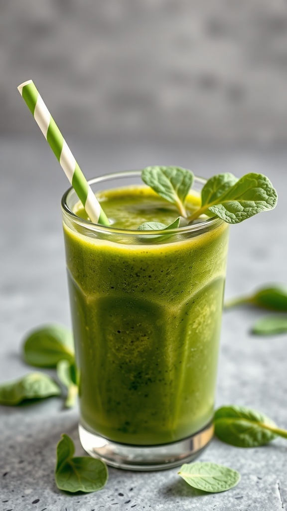 A glass of green vegetable smoothie with spinach and an orange striped straw, surrounded by fresh spinach leaves.