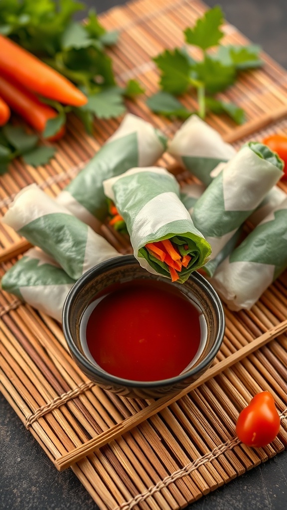 Fresh vegetable spring rolls with dipping sauce on a bamboo mat