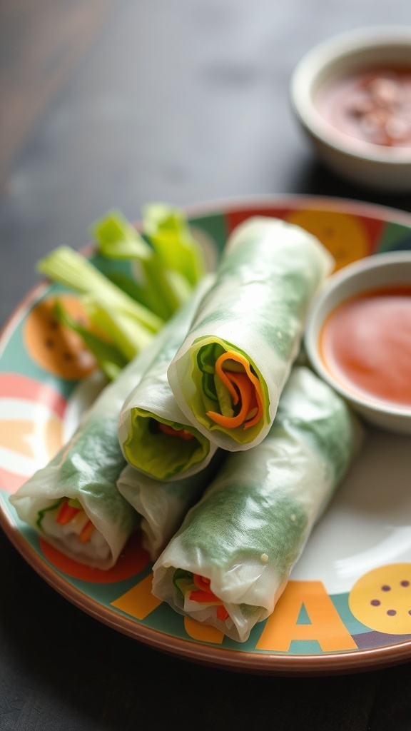 A plate of fresh vegetable spring rolls with dipping sauce and celery sticks.