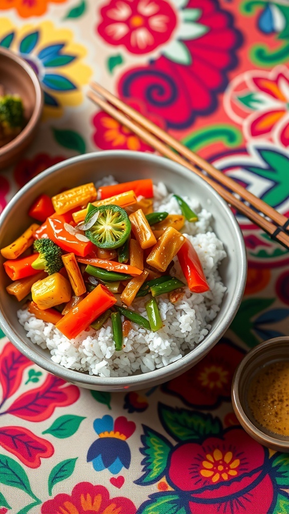 A colorful vegetable stir-fry with rice served in a bowl, surrounded by a vibrant floral tablecloth.