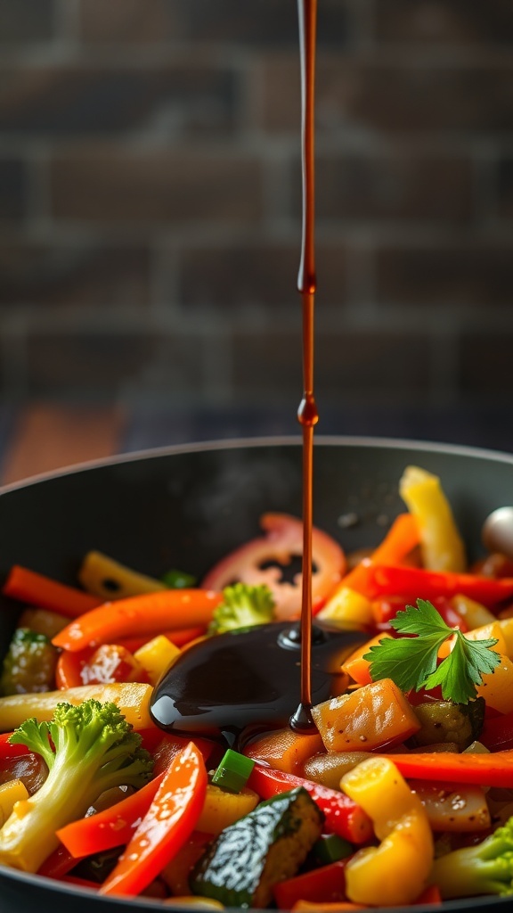A colorful vegetable stir-fry with soy sauce being poured over fresh vegetables in a pan.