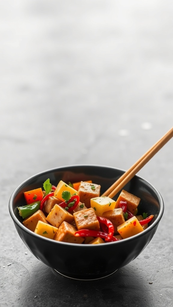 A bowl of colorful vegetable stir-fry with tofu, featuring bell peppers and green onions.