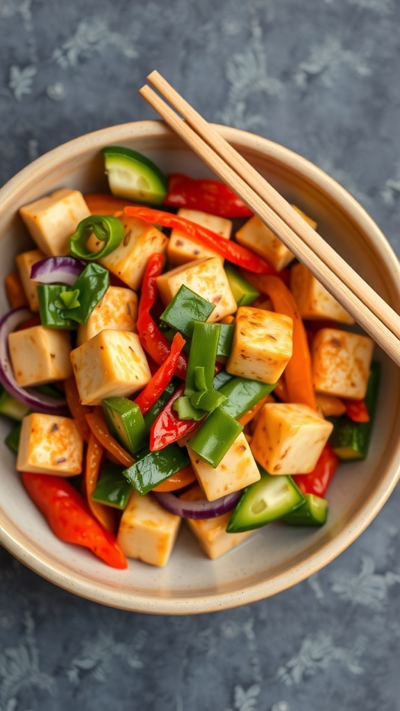 A bowl of vegetable stir-fry with tofu, featuring colorful bell peppers and green beans.