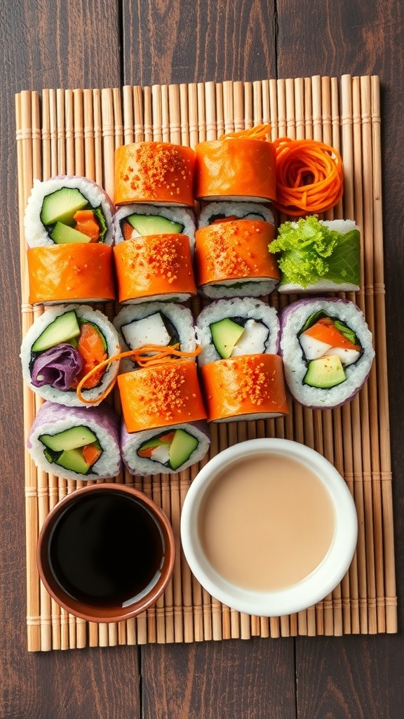 A variety of colorful vegetable sushi rolls arranged on a bamboo mat with dipping sauces.