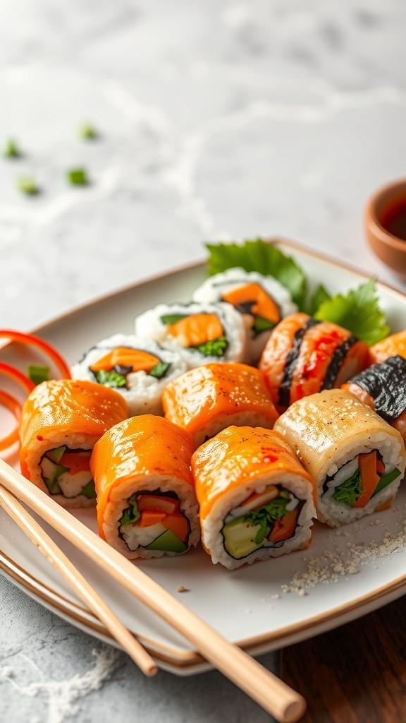 A plate of colorful vegetable sushi rolls with chopsticks