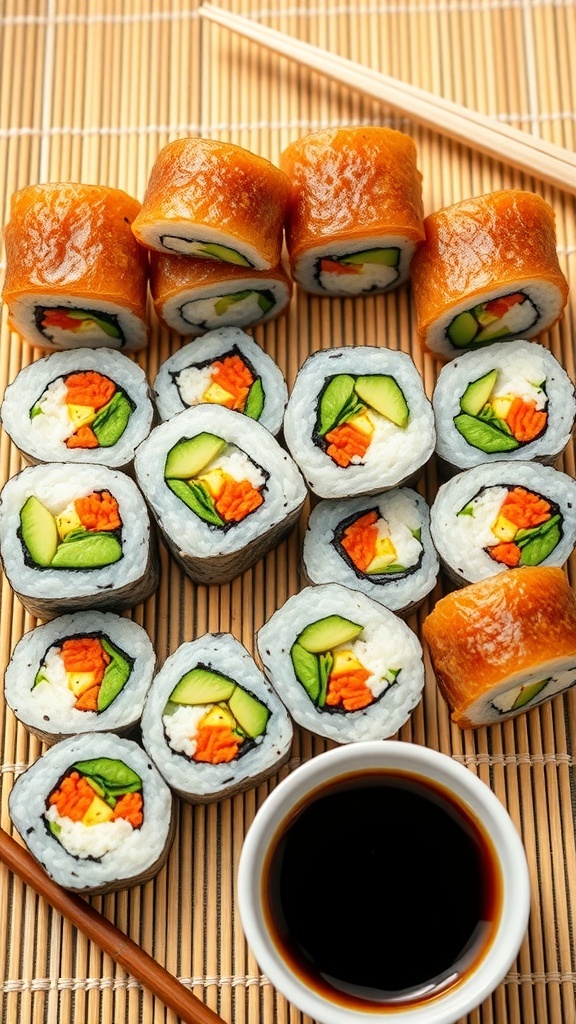 Colorful vegetable sushi rolls with dipping sauce