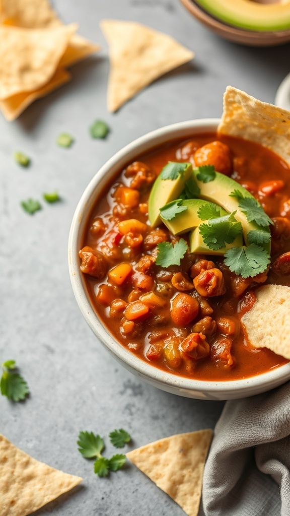 A bowl of vegetarian chili topped with avocado and cilantro, served with tortilla chips.