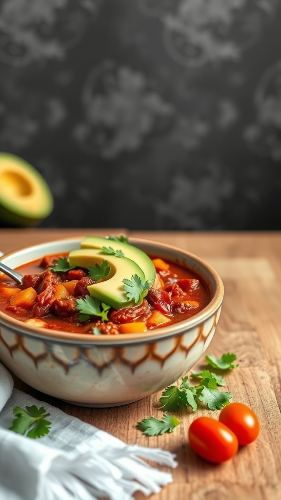 A bowl of vegetarian chili topped with avocado slices and cilantro, with cherry tomatoes and an avocado in the background.
