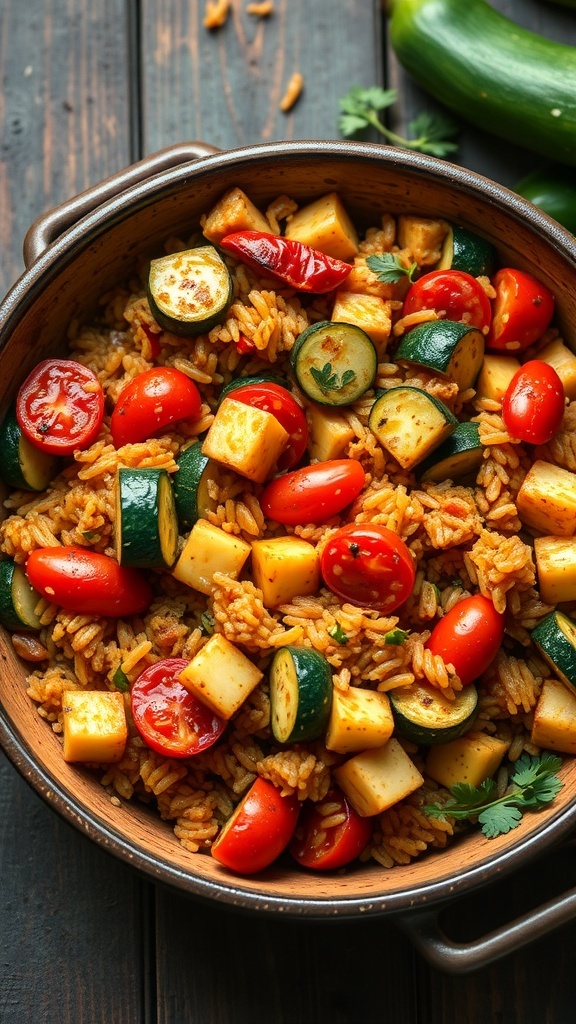 A bowl of vegetarian jambalaya with colorful vegetables and rice