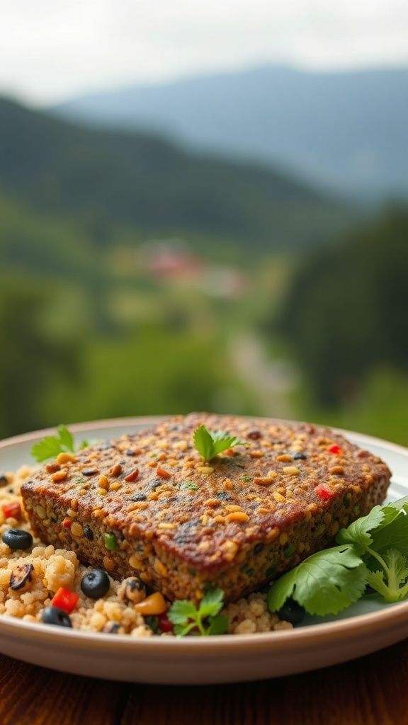 A vegetarian lentil meatloaf served on a plate with couscous and garnished with herbs.