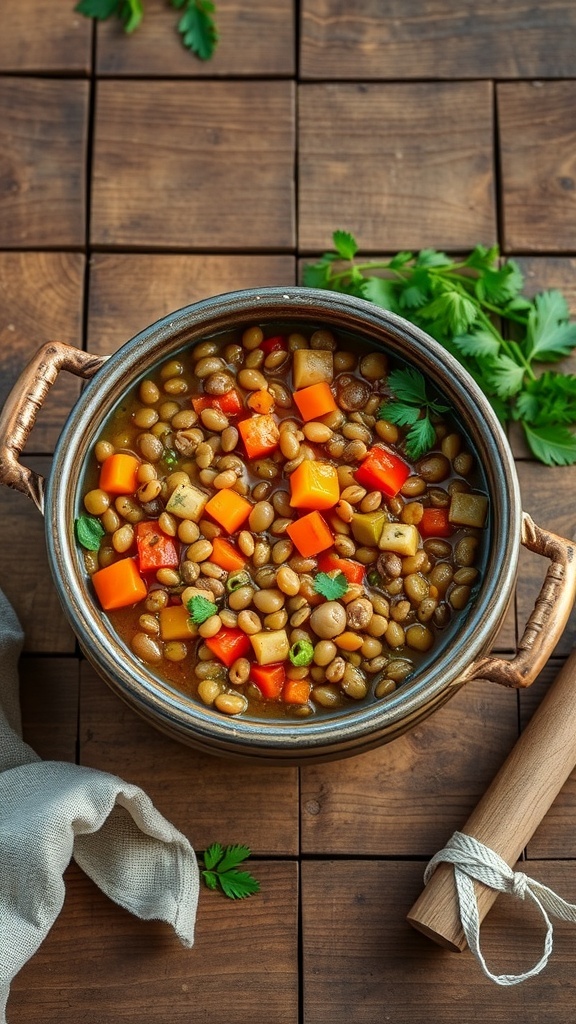 A bowl of vegetarian lentil stew with colorful vegetables on a wooden table.