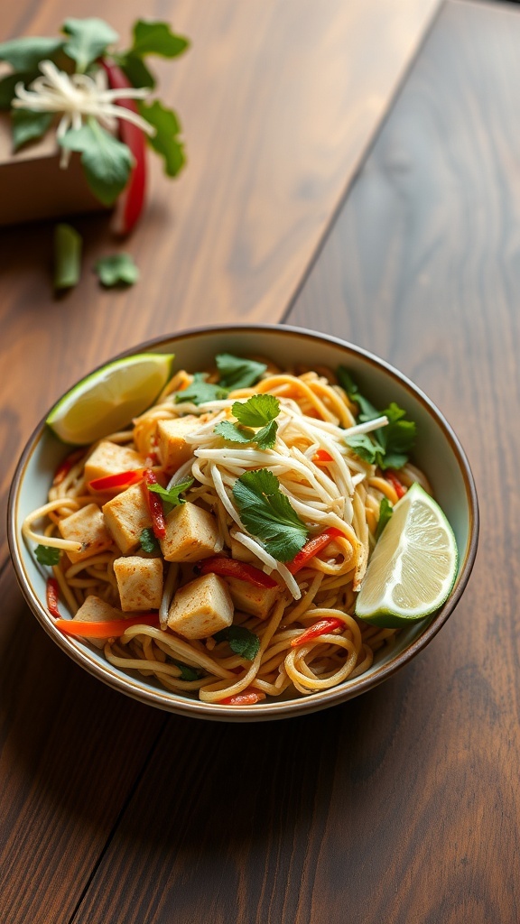A bowl of Vegetarian Pad Thai with noodles, tofu, red bell peppers, and garnished with lime and cilantro.