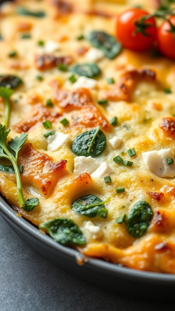 A close-up of a vegetarian spinach and feta casserole, topped with fresh herbs and cherry tomatoes.