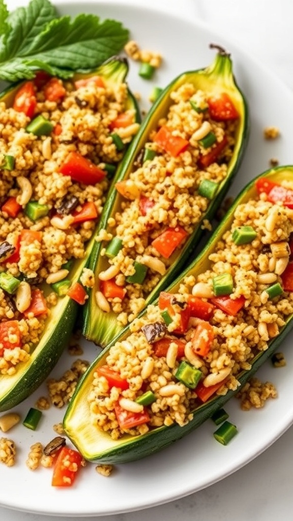 Vegetarian stuffed zucchini filled with grains and colorful vegetables