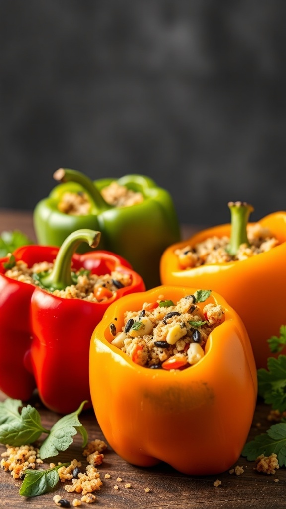 Colorful stuffed bell peppers filled with grains and vegetables