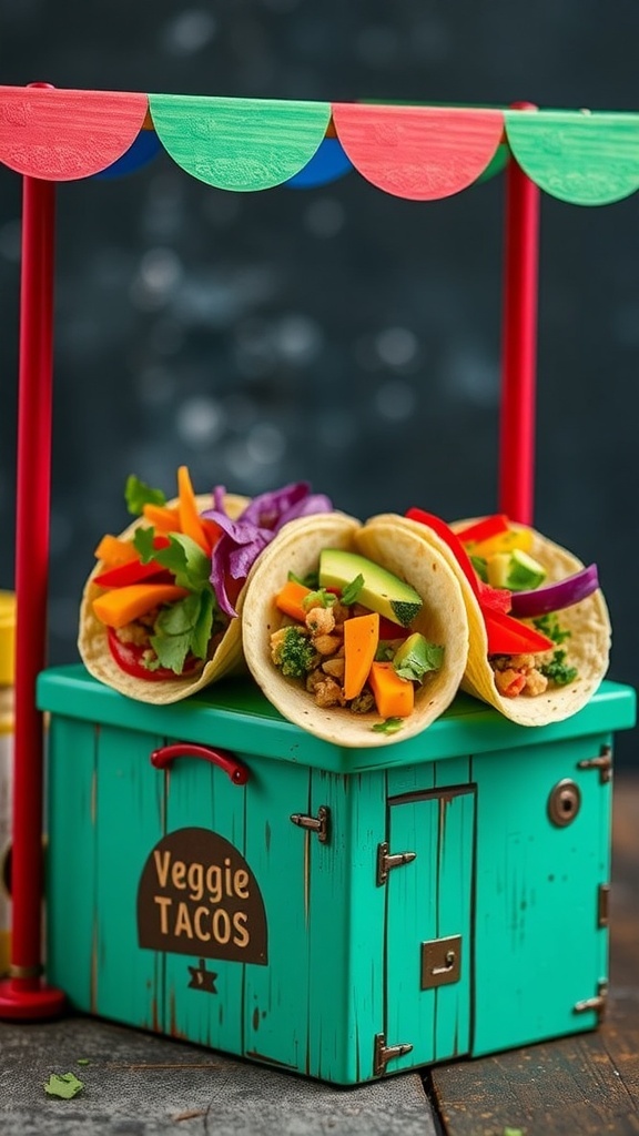 Colorful veggie tacos filled with diced peppers and lettuce, served in a taco holder.